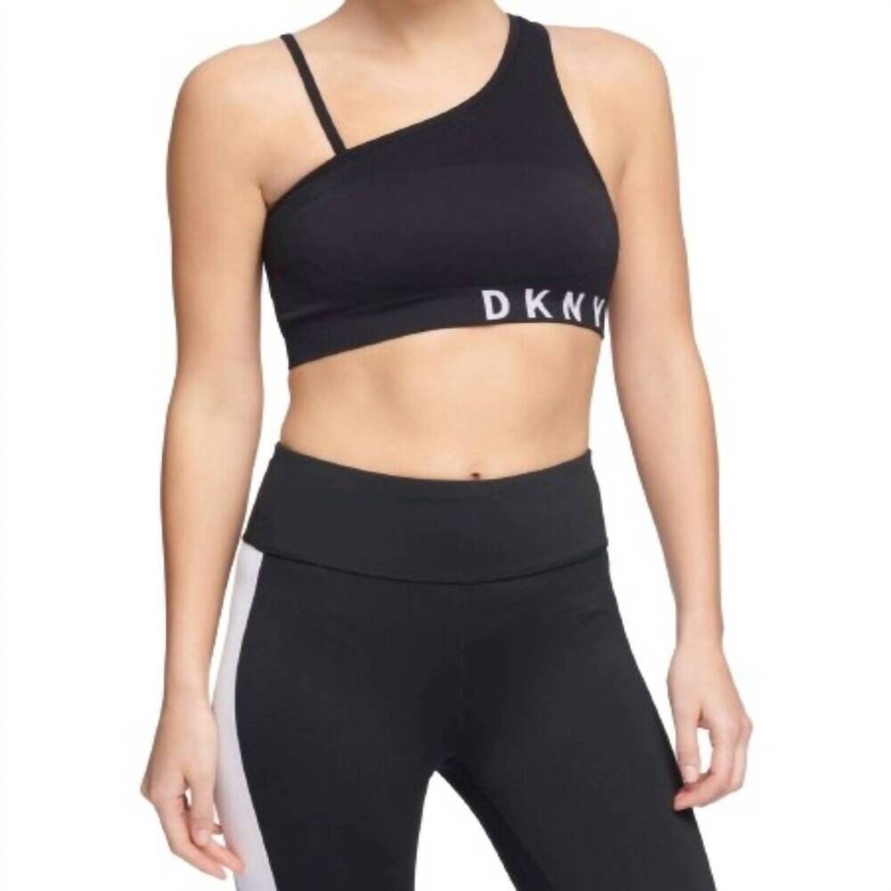NEW DKNY asymmetrical strappy back low impact sports bra in black